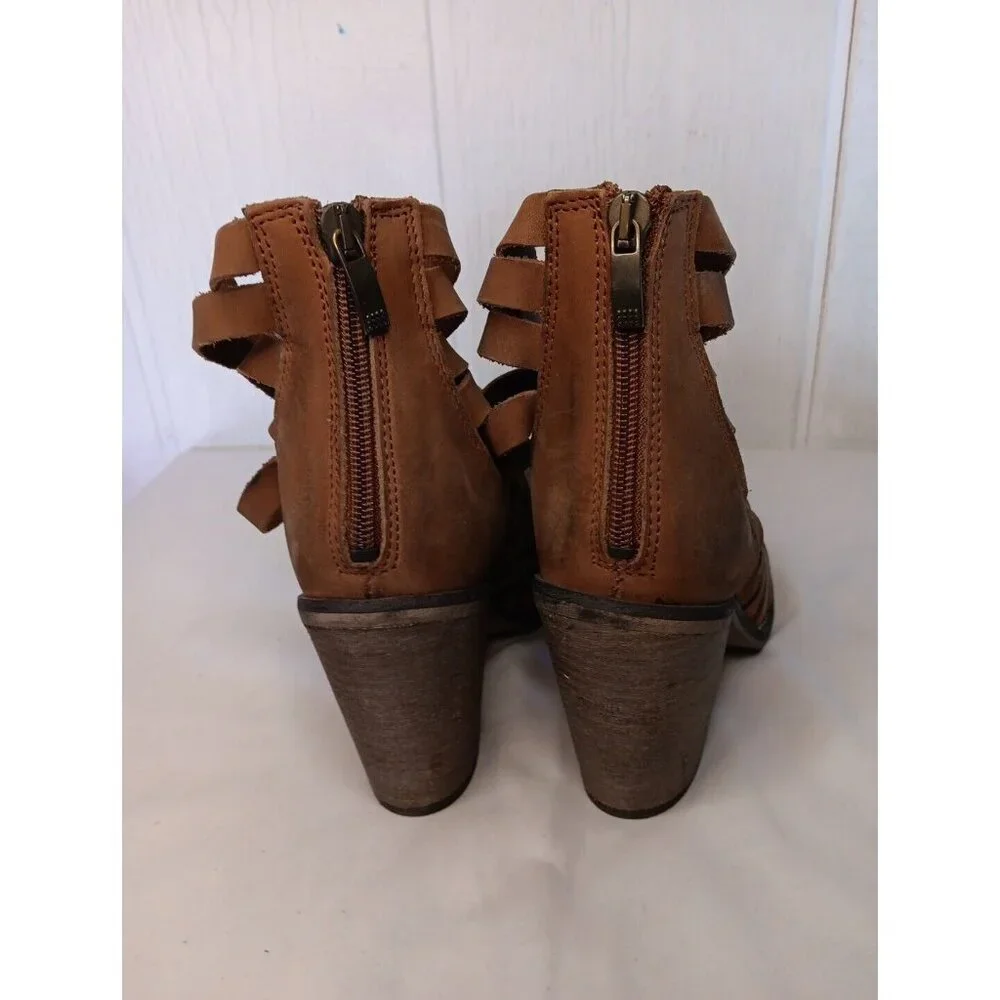 Free People Women 7 Hybrid Leather Strappy Ankle Booties Brown Stacked 3.5" Heel - Picture 5 of 10